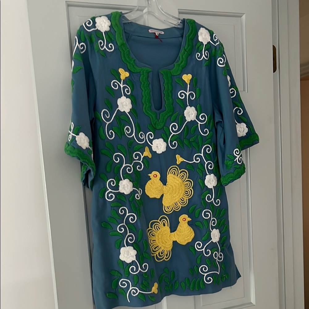 Frances Valentine Blue Blouse with Embroidered Floral Design